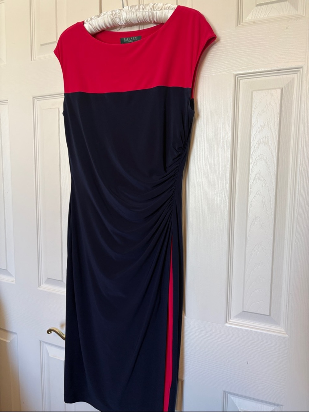 Ralph Lauren Red and Navy Cap-Sleeve Ruched Sheath Dress
